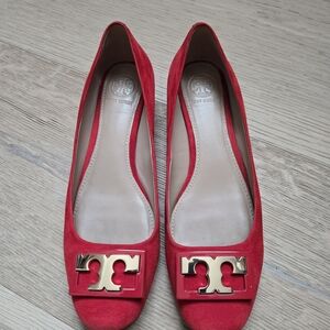 Tory Burch Vibrant Red Suede Flats with Gold Emblem